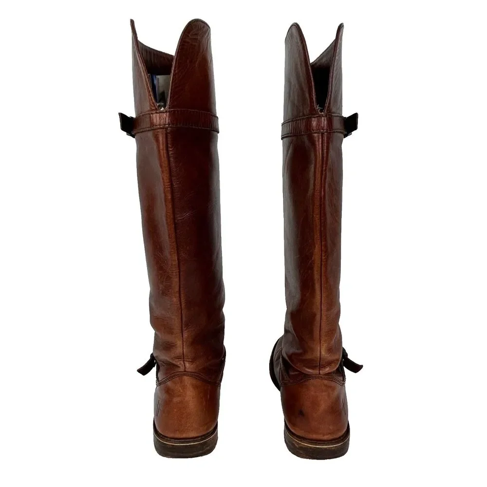 Frye Shirley Pull Riding Boots Full Leather Knee High Buckles Cognac Brown 6.5
